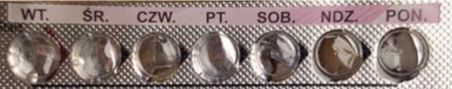 zdjęcie przedstawia leki, które producent umieszcza w siedmiodniowych blistrach z opisem dni tygodnia